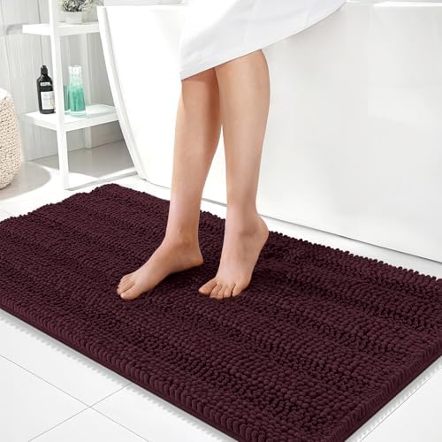 OLANLY Thick Bathroom Runner Rugs 44x24, Chenille Bath Rugs, Black Cherry