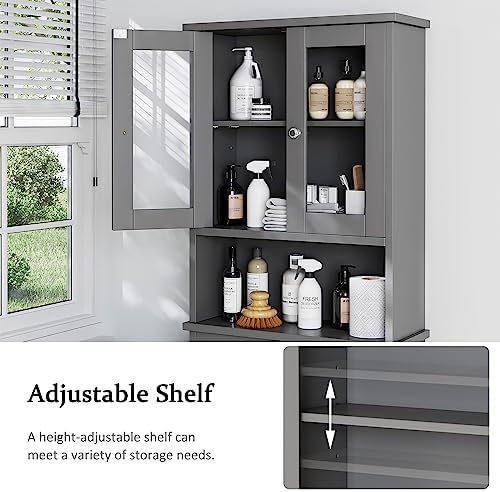 Over the Toilet Storage Cabinet, Bathroom Storage Cabinet Over Toilet, Space Saver with 2 Tempered Glass Doors, Grey