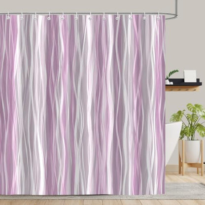 Moonslim Pink Grey Ombre Shower Curtain, Modern Wavy Abstract Striped Line Bathroom Curtain, Waterproof Fabric Bath Decor, 72 x 72 Inch