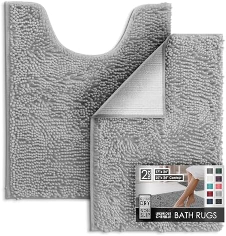 Hearth & Harbor Bathroom Rugs, Chenille Bath Mat - Machine Washable Bath Mats for Bathroom Non-Slip Backing Rubber, Quick Dry Bathroom Mat - Silver 17x24-20x24