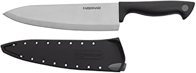Farberware Edgekeeper 8-Inch Chef Knife with Self-Sharpening Blade Cover, High Carbon-Stainless Steel Kitchen Knife with Ergonomic Handle, Razor-Sharp Knife, Black