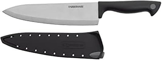 Farberware Edgekeeper 8-Inch Chef Knife with Self-Sharpening Blade Cover, High Carbon-Stainless Steel Kitchen Knife with Ergonomic Handle, Razor-Sharp Knife, Black