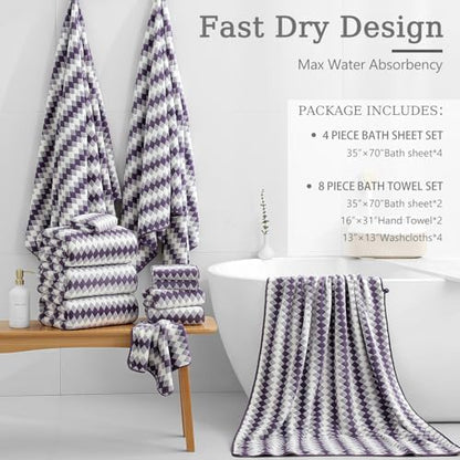 8 Piece Bathroom Towel Set |2 Oversized Bath Towels,2 Hand Towels,4 Washcloths| 600GSM Soft Hotel Towel Set Extra Large Bath Sheet for Bathroom,Highly Absorbent Quick Dry Bath Towel Collections,Plum