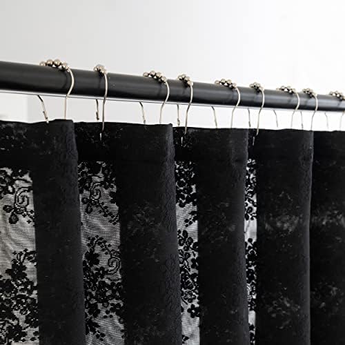 TUDECO Black Boho Lace Shower Curtain with Attached Valance, 72''W x 84''L
