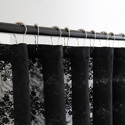 TUDECO Black Boho Lace Shower Curtain with Attached Valance, 72''W x 84''L