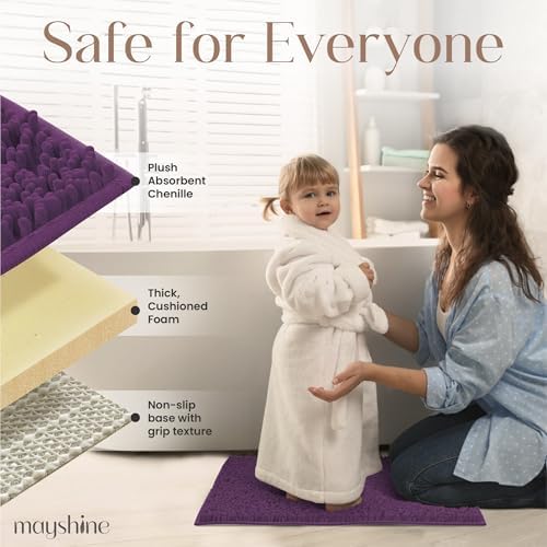 MAYSHINE Large Plush Shaggy Chenille Bath Mat 39"x24" Extra Soft, Super Absorbent, Non-Slip Bathroom Rug | Fluffy Microfiber, Area Rug Sets for Bathroom Floor, Kitchen, Living Room | Plum
