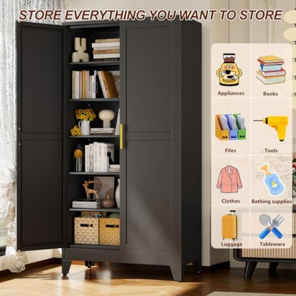 79" Black Metal Storage Cabinet with 2 Doors and 5 Adjustable Shelves,Steel Garage Tool Cabinet, File Cabinet,Kitchen Pantry Cabinet for Home,Office,Garage,School,Warehouse