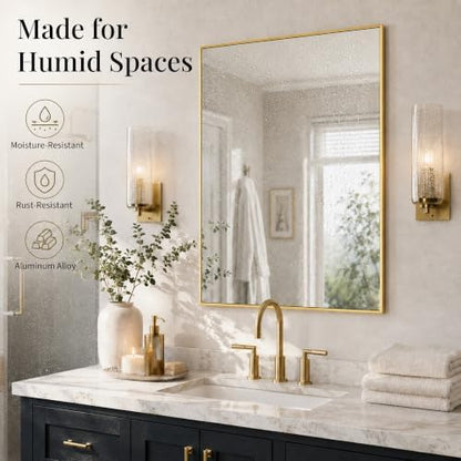36"x24" Brushed Gold Framed Rectangle Bathroom Vanity Wall Mirror