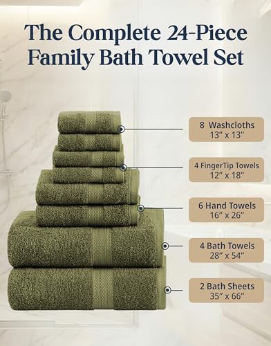 LANE LINEN Large Bath Towel Set Absorbent Quick Dry 100% Cotton - Oil Green