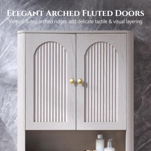 Bathroom Fluted Arched Wall Cabinet, 23.6''W Medicine Cabinet, Light Grey