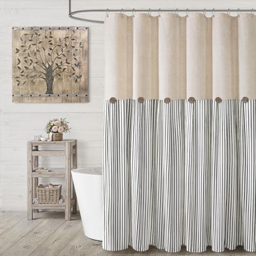Farmhouse Shower Curtain Linen Button Black Stripe 72" W x 72" L