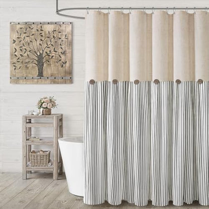 Farmhouse Shower Curtain Linen Button Black Stripe 72" W x 72" L