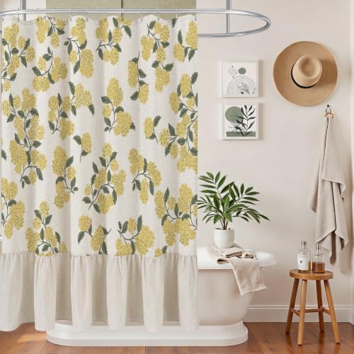 ORTIGIA Linen Textured Ruffle Shower Curtain with Metal Hooks, Vintage Yellow Hydrangea Floral Boho Waterproof Bath Curtain for Rustic Farmhouse Bathroom Decor 72x72 Inch