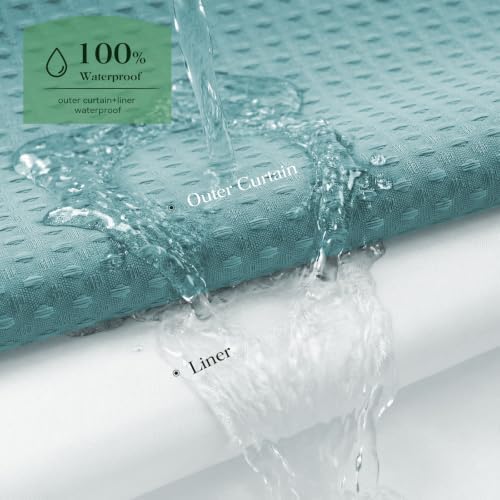 Dynamene Teal Hook Free Waffle Shower Curtain & Snap-in Fabric Liner,72x81