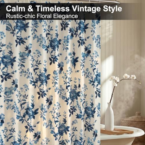 Farmhouse Blue Floral Shower Curtain, Waterproof Fabric Faux Linen Shower Curtain Set with 12 Rings, Vintage Cottagecore Boho Shower Curtains for Bathroom 72" W x 72" L （Beige + Blue