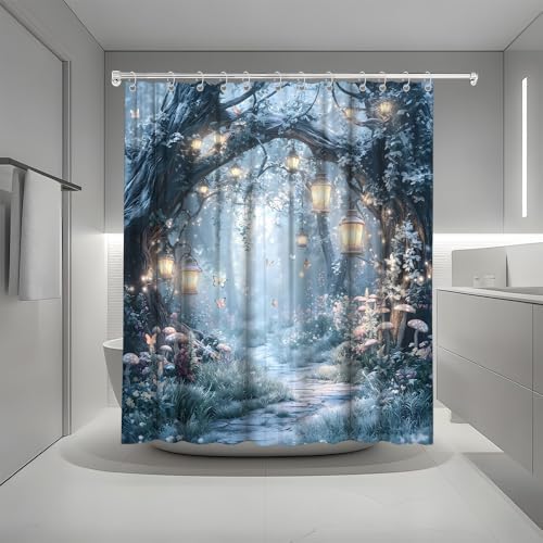 Fantasy Forest Path Shower Curtain Winter Fairy Magical Enchanted Misty Jungle Mushroom Floral Tree Butterfly Lantern Wonderland Bath Curtain Fabric Bathroom Accessories Decor with Hooks 75W x70L