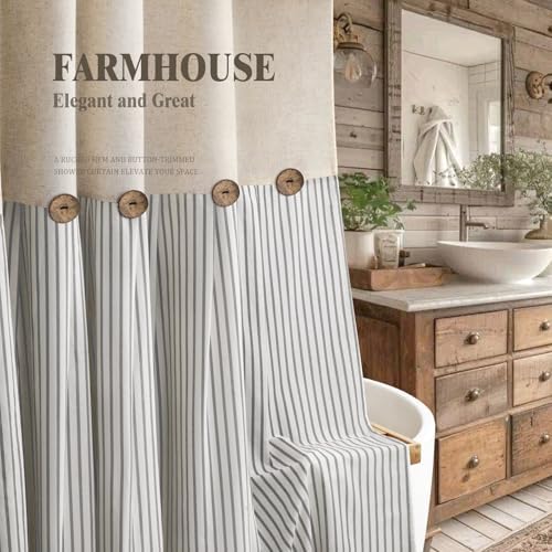 Farmhouse Shower Curtain Linen Button Grey Stripe 72" W x 72" L