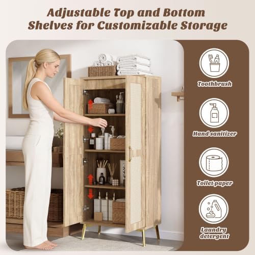 JASIWAY Tall Bathroom Storage Cabinet 57" Rattan Pantry Cabinet, Wood