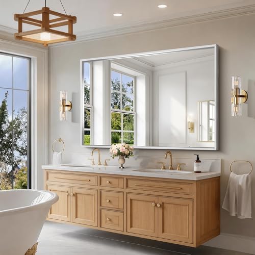 CIRCUMI 60"x40" Brushed Silver Bathroom Mirror, Double Sink Vanity Mirror