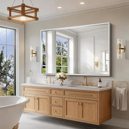 CIRCUMI 60"x40" Brushed Silver Bathroom Mirror, Double Sink Vanity Mirror