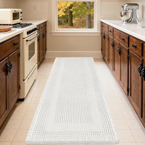 IM HOME Extra Large Waffle Bath Mat, Boho Bathroom Rugs Absorbent Non Slip, Ultra Soft Bathroom Mat, Machine Washable Knit Bath Rugs with Tassels for Bathroom, Bedroom, Kitchen, Shower, 6'x2', White