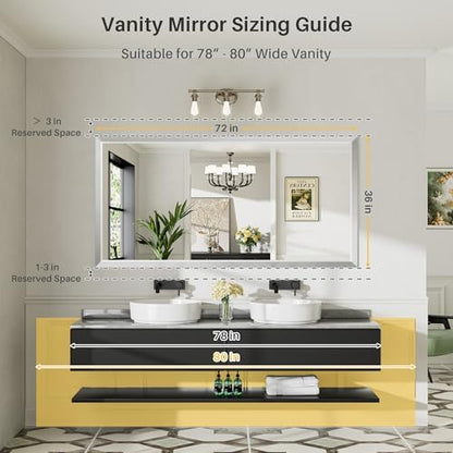 Briivue Bathroom Wall Mirror, Silver Brushed Nickel Metal Frame, 72x36 Inch