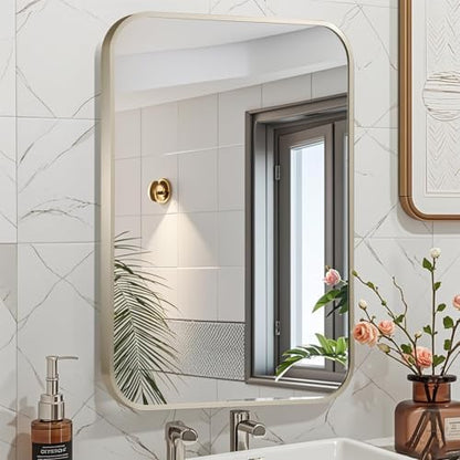 16x24 Inch Brushed Nickel Bathroom Mirror, Framed Rectangle Mirror with Rounded Corner, Brushed Mirror, Silver Bathroom Mirror for Over Sink, Vanity, Living Room, Bedroom, Horizontal/Vertical