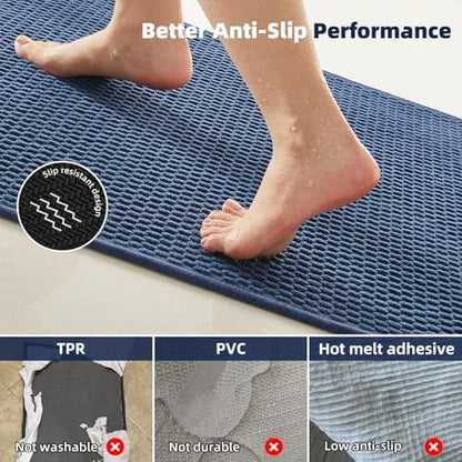 TYUU Bathroom Rugs Non Slip Washable, Super Absorbent Thin Bath Mat Quick Dry Low Pile Bathroom Rug, Navy Blue 20"x48"