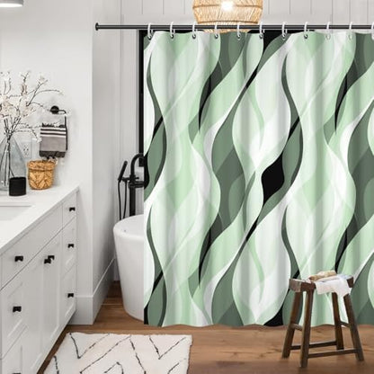 Green Striped Shower Curtain with Hooks for Bathroom 72x84 Inch