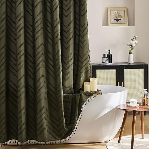 Siiluminisoy Boho Shower Curtain with Tassel Woven Fabric Olive Green Shower Curtain 72 x 72 Modern Farmhouse Textured Tufted Chevron Striped Minimalist Bathroom Shower Curtains