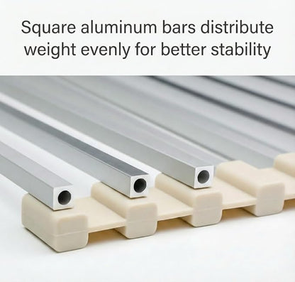 Medium Aluminum Roll Up Dish Drying Rack (17" x 13") - Fits Sinks up to 16 Inches, Heavy Duty Square Bar, Rust-Proof & Heat Resistant with Removable Dish Holder (Beige Medium)