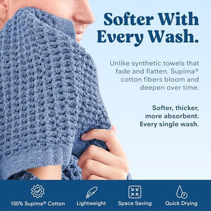 ONSEN Supima® Waffle Face Towels, Quick Dry Lint Free 100% USA Cotton, Lightweight Absorbent Face Towel Set, 12x12 in (Denim Blue, Face Towel 2-Pack)