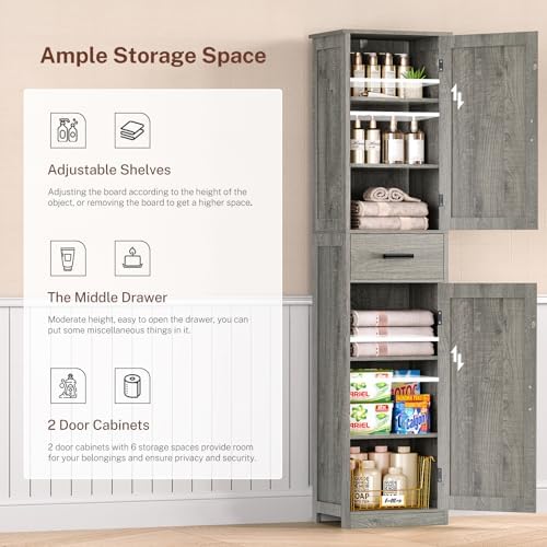 TEENFON Tall Bathroom Cabinet, Storage Cabinet with 6 Shelves & Drawer