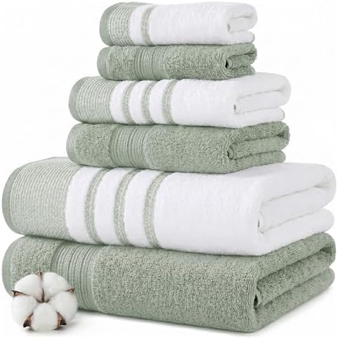 Modern Threads 6 Piece Bath Towel Set – Bathroom Towel Set with 2 Bath Towels, 2 Hand Towels & 2 Washcloths – 100% Cotton, Soft & Absorbent – Classic Border Stripe (Green)