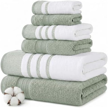 Modern Threads 6 Piece Bath Towel Set – Bathroom Towel Set with 2 Bath Towels, 2 Hand Towels & 2 Washcloths – 100% Cotton, Soft & Absorbent – Classic Border Stripe (Green)
