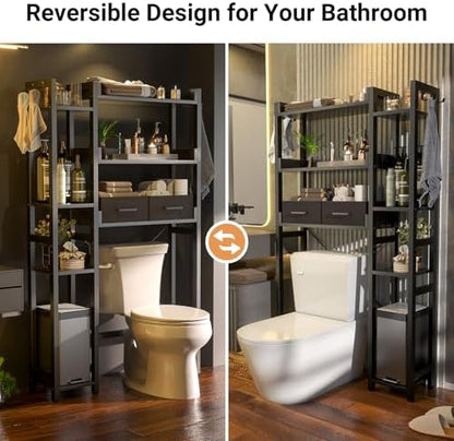 Besiost Over The Toilet Storage, 7 Tier Bathroom Organizer with Reversible Side Shelf and 2 Fabric Drawers, Adjustable Freestanding Rack Space Saver for Small Spaces, Black