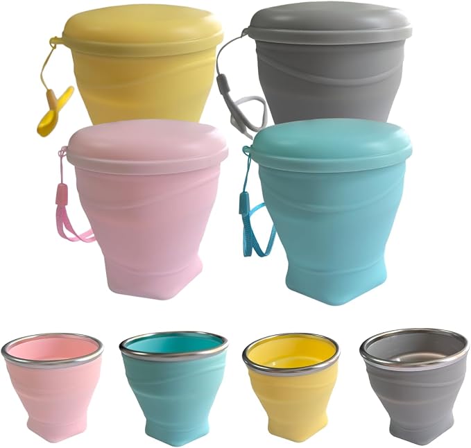 Collapsible Cup, 4Pack 8.8oz 260ml Foldable Travel Mini Coffee Mug, BPA Free Silicone Water Cup and Lid with Stainless Steel Rim, Portable Pocket Cup for Outdoor, Hiking, Camping & Kids