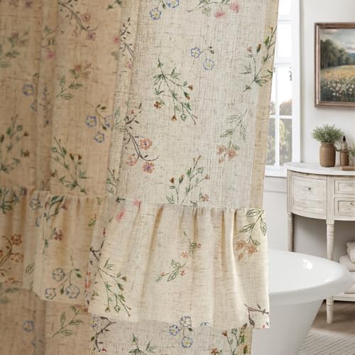 Floral Farmhouse Vintage French Country Ruffle Linen Shower Curtain 72Wx72H