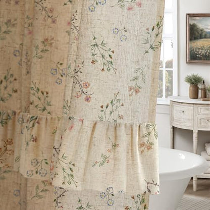 Floral Farmhouse Vintage French Country Ruffle Linen Shower Curtain 72Wx72H