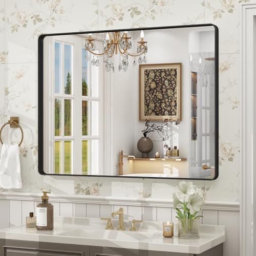 40x30 Inch Black Framed Bathroom Mirror for Wall, Matte Metal Framed Wall Mirror, Rounded Rectangle Bathroom Vanity Mirror, Tempered Glass, Anti-Rust, Shatterproof (Horizontal/Vertical)