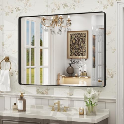 40x30 Inch Black Framed Bathroom Mirror for Wall, Matte Metal Framed Wall Mirror, Rounded Rectangle Bathroom Vanity Mirror, Tempered Glass, Anti-Rust, Shatterproof (Horizontal/Vertical)