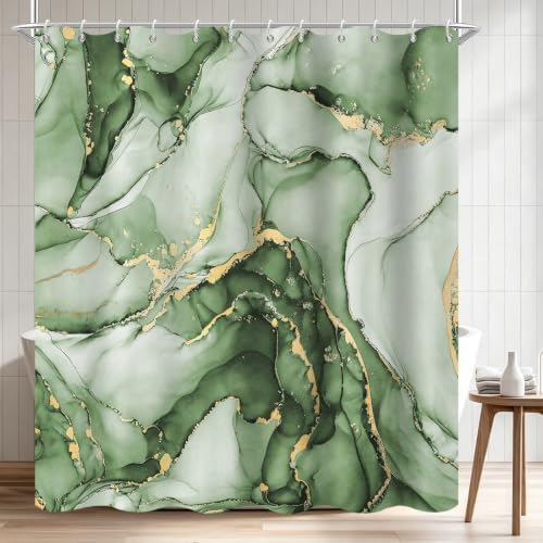 Olive Green Marble Shower Curtain Modern Abstract Luxury Gold Ink Texture Ombre Watercolor Bathroom Curtain Set with Hooks Soft and Lightweight Waterproof Fabric Machine Washable 72" Wx84 L