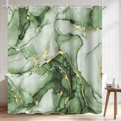 Olive Green Marble Shower Curtain Modern Abstract Luxury Gold Ink Texture Ombre Watercolor Bathroom Curtain Set with Hooks Soft and Lightweight Waterproof Fabric Machine Washable 72" Wx84 L