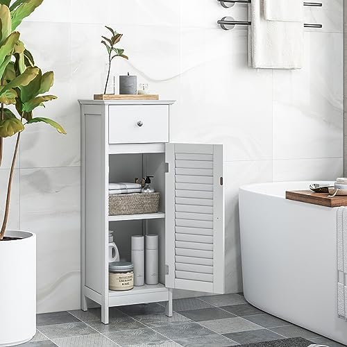 GIANTEX Bathroom Floor Storage Cabinet with Louvered Door and Drawer, White