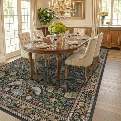 Hazo Haus Washable Living Room Rug 7x9 - Dark Floral Nature Rugs for Bedroom, Dining Room Kitchen Table Rug for Under Table, Office, Stain Resistant Non-Slip Large - Brown/Dark Green