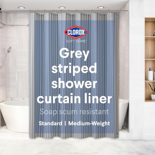 Clorox Shower Curtain Liner, Premium Striped Medium-Weight Durable Waterproof 6g PEVA for Bathroom with Weighted Magnets, Printed Standard Size 72" x 72", Grey