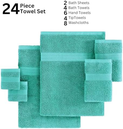 LANE LINEN 24 PCs 100% Cotton Bath Towels Set - Quick Dry, Ultra Soft & Ultra Absorbent - 4 Bath, 4 Fingertip, 6 Hand Towels, 8 Washcloths, 2 Bath Sheets - Home & Guest Bathroom Towels - Teal