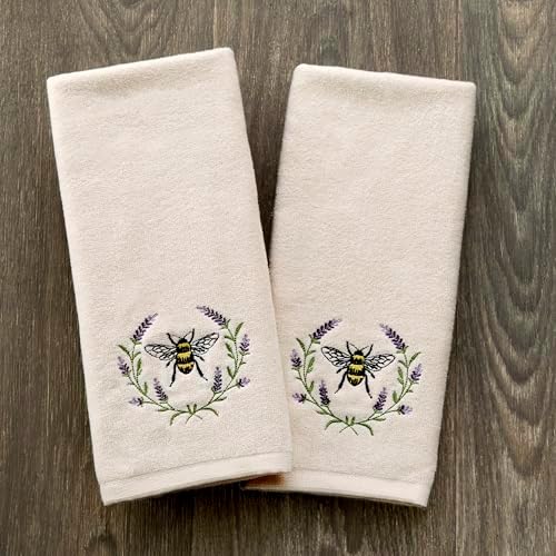SKL Home Bee Lavender Hand Towel Set-2pc, 100% Cotton, Embroidered, Natural