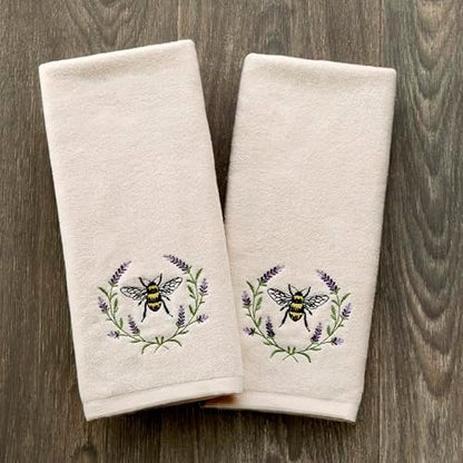 SKL Home Bee Lavender Hand Towel Set-2pc, 100% Cotton, Embroidered, Natural