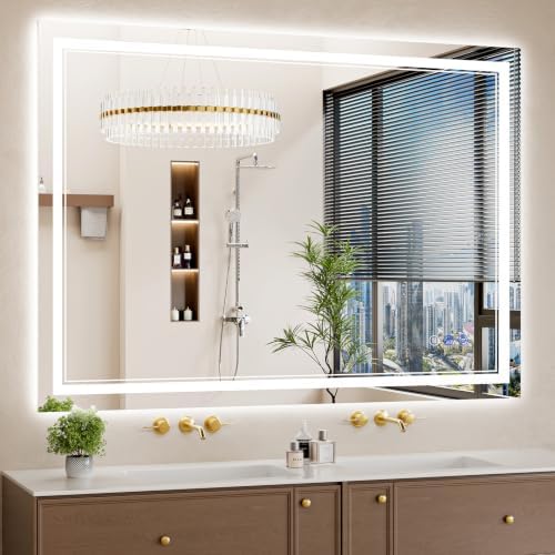 40"x55" LED Bathroom Mirror with Lights, Anti-Fog, Backlit + Front Lit, Dimmable, Led Vanity Mirror for Wall, Lighted Bathroom Mirror, 4 Colors, Shatter-Proof Tempered Glass